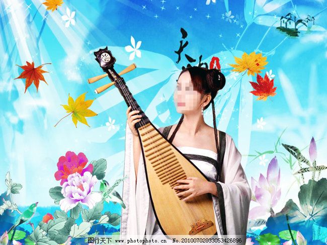 古装美女 光线 荷花 荷叶 花瓣 鸟儿 琵琶 古典美人 古装美女 琵琶