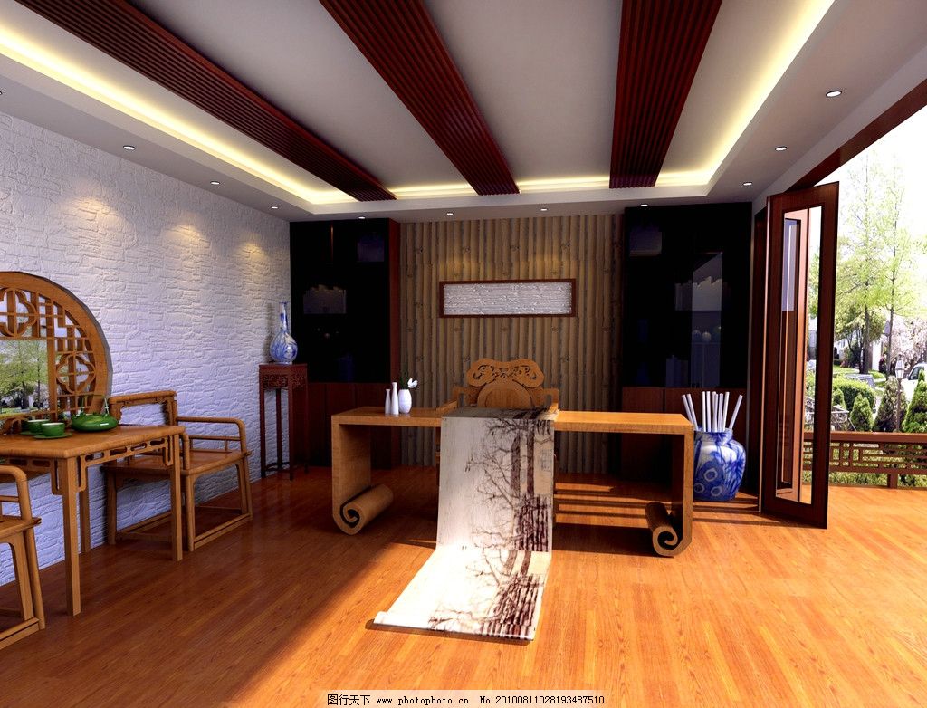 中式书房效果图 中式 书房 效果图 书桌 椅子 太师椅 清朝 明朝 灯光 vr vray 3dmax 3dsmax 渲染 书柜 三维 3D 字画 吊顶 窗外 阳光 表现 质感 材质 休息区 背景墙 形象墙 牌匾 光域网 原木 实木 木质 家具 中国风 木地板 条案 茶几 高脚凳 花瓶 筒灯 灯带 灯槽 瓷器 瓷瓶 青花瓷 茶具 怡情 茶室 窗格 雕花 茶杯 茶壶 室内设计 三维设计效果图 3D作品 3D设计 设计 72DPI JPG