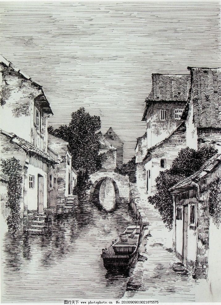 水乡夜泊 钢笔画 线条 风景画 黑白画 线稿 线描 中国画 树 树木 木屋