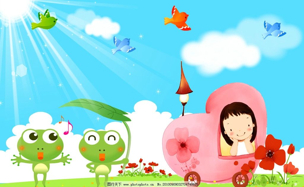 卡通 幼儿园壁画 娃娃 卡通娃娃 白云 花 小女孩 房子 小鸟 可爱的