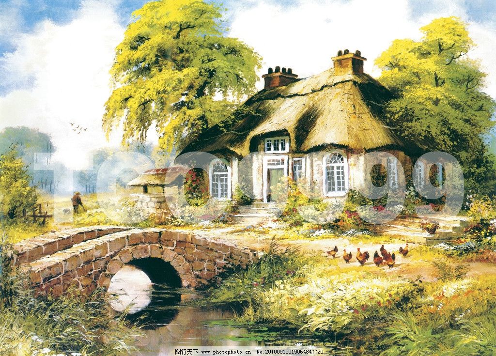 油画 手绘油画 田园风景(40x30厘米) 田园风景 石屋 茅屋 小屋 烟囱 灯光 鸡 农夫 天空 小桥 小石桥 小路 小溪 花朵 树木 手绘 装饰画 无框画 屏风 壁挂 大图 高清晰 写真 喷绘 印刷 肌理 效果 抽象 清晰油画 绘画书法 文化艺术 设计 300DPI TIF