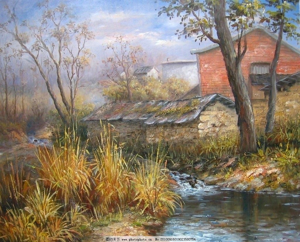 风景油画 手绘 油画 装饰画 无框画 扫描 风景 河边 绘画书法 文化