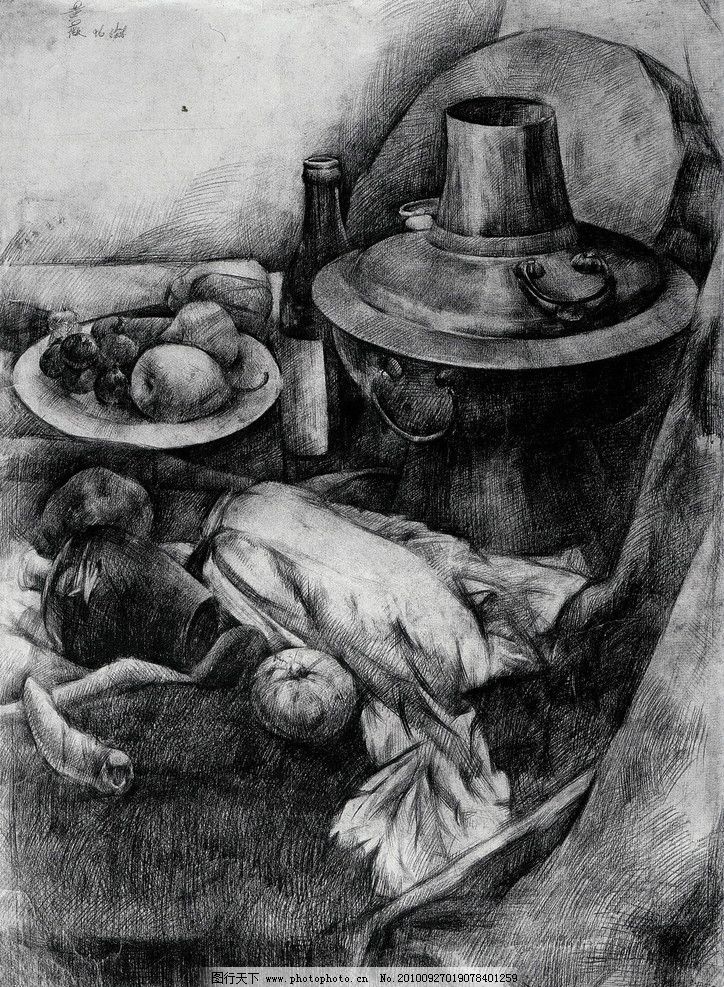 实验素描 素描 黑白画 线描 线条 中国美术学院 师生作品 高考素描 大学素描 静物素描 桌子 桌布 火锅 水果 盘子 蔬菜 白菜 梨 瓶子 绘画书法 文化艺术 设计 72DPI JPG