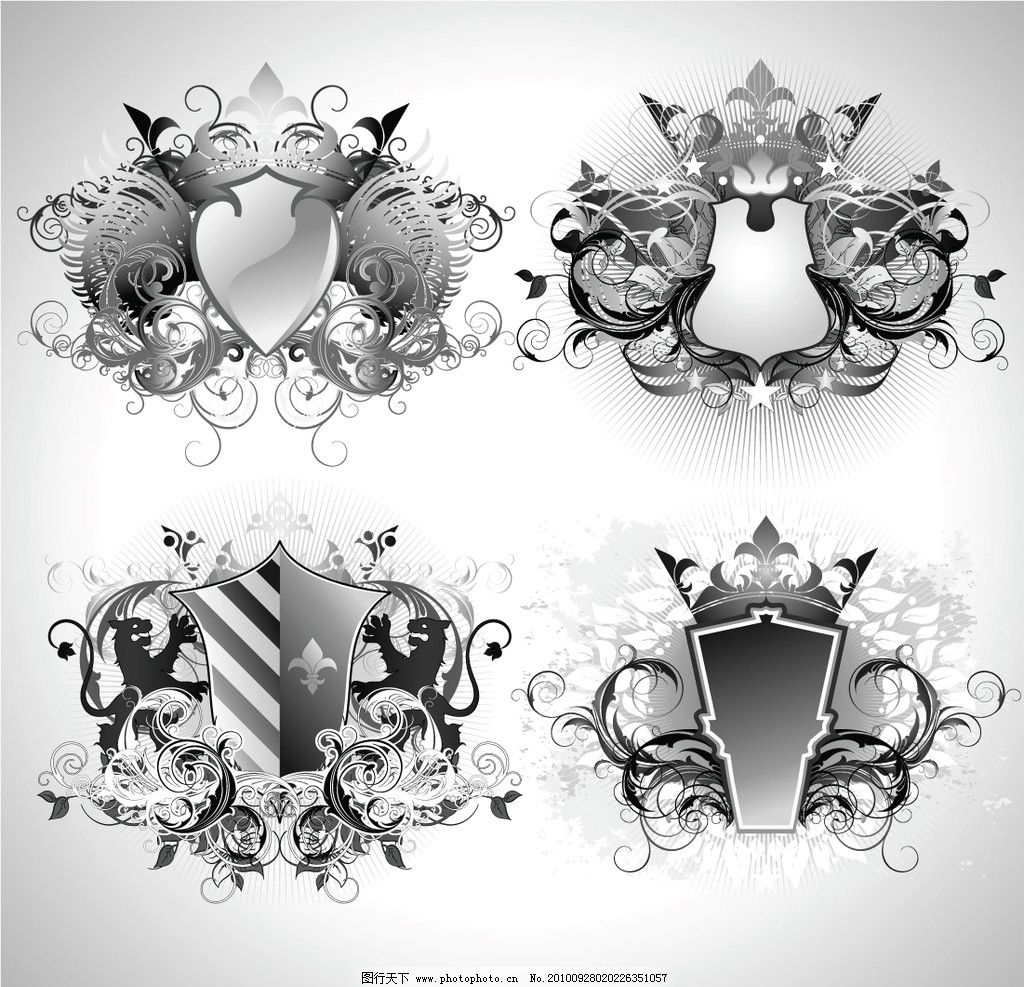 古典欧式花纹 底纹 盾牌 皇冠 古典 线条 花纹 花边 爱心 飘带 徽章