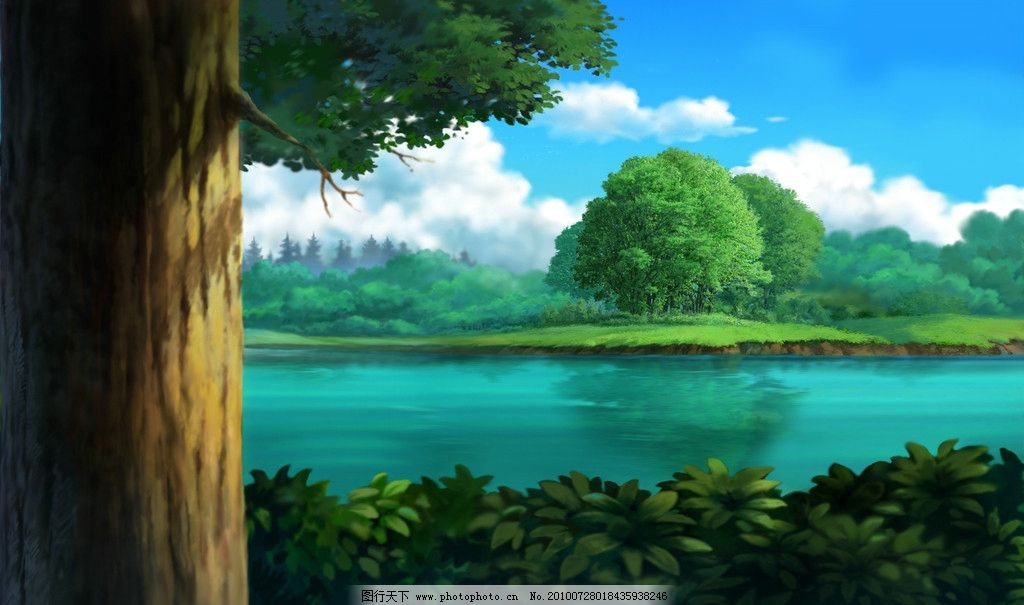 动画背景湖岛图片_动漫卡通_插画绘画-图行天下素材网